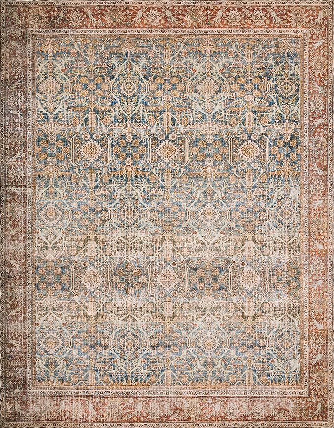 Loloi Layla Collection LAY-04 Ocean/Rust 2'-0" x 5'-0" .13" Thick Accent Rug, Soft, Durable, Vintage Inspired, Distressed, Low Pile, Non-Shedding, Easy Clean, Printed, Living Room Rug-Ruum Studio Home
