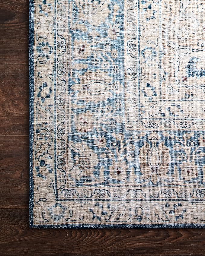 Loloi Layla Collection LAY-07 Blue/Tangerine 2'-6" x 7'-6" .13" Thick Runner Rug, Soft, Durable, Vintage Inspired, Distressed, Low Pile, Non-Shedding, Easy Clean, Printed, Living Room Rug-Ruum Studio Home