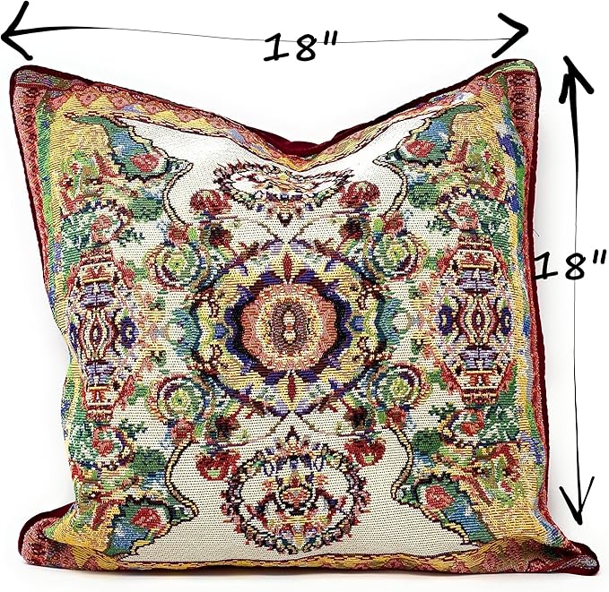 Tache Cushion Cover 18x18 Rococo Elegant Ornate Ivory Colorful Paisley Cotton Linen Tapestry Woven Decorative Throw Pillow Cover, 1 Piece-Ruum Studio Home
