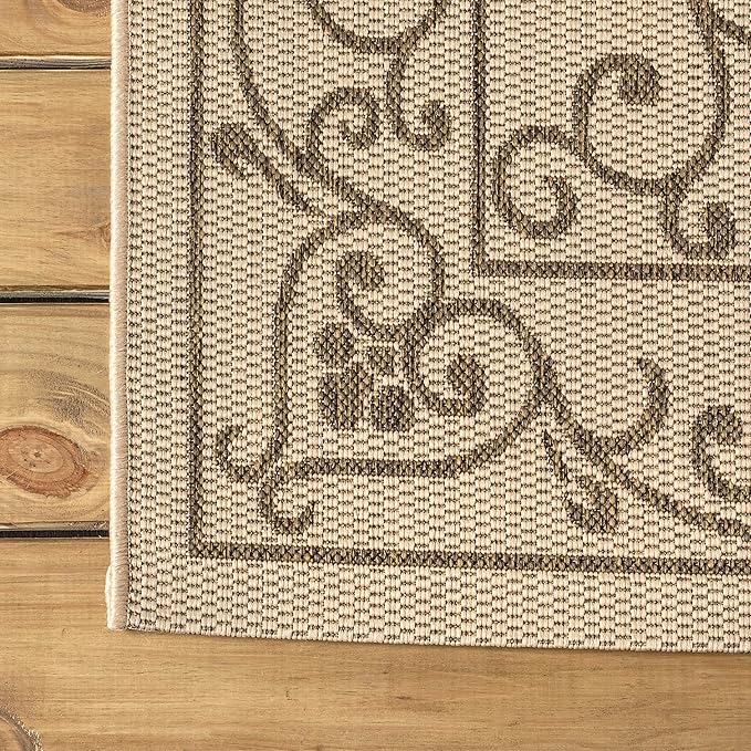 JONATHAN Y Vintage Filigree Indoor Outdoor Round Area Rug 4 Ft Beige/Brown, Charleston Textured Weave for Backyard, Patio, Porch, Easy-Cleaning, High Traffic, Pet-Friendly, Non-Shedding (SMB106A-4R)-Ruum Studio Home