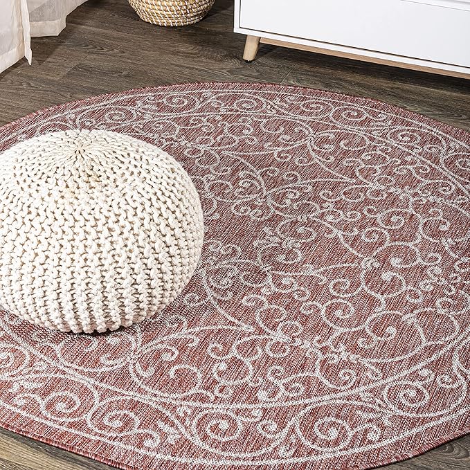 JONATHAN Y Vintage Filigree Indoor Outdoor Round Area Rug 9 Ft Red/Beige, Charleston Textured Weave for Backyard, Patio, Porch, Easy-Cleaning, High Traffic, Pet-Friendly, Non-Shedding (SMB106B-9R)-Ruum Studio Home