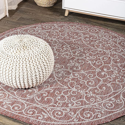 JONATHAN Y Vintage Filigree Indoor Outdoor Round Area Rug 4 Ft Red/Beige, Charleston Textured Weave for Backyard, Patio, Porch, Easy-Cleaning, High Traffic, Pet-Friendly, Non-Shedding (SMB106B-4R)-Ruum Studio Home