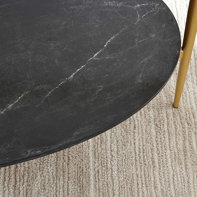 Oval Glass Coffee Table, Mid-Century Modern Design, L43 x W22 x H17 inch, Surfboard Shaped Grey Glass Top and Black Marble Finish Wood Shelf, Tapered Legs with Gold Finish Frame-Ruum Studio Home