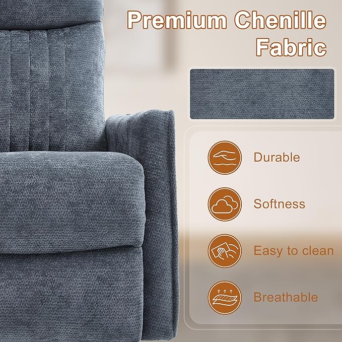 Manual Swivel Rocker Recliner Chair for Adults, Overstuffed Reclining Glider Chair for Nursing with Vibration Massage & Heat, Living Room Rocking Recliner 2-Stage backrest, Chenille Fabric Blue-Ruum Studio Home