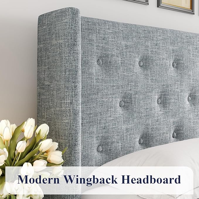 Allewie Queen Size Lift Up Storage Bed, Button Tufted Headboard with Wingback, Hydraulic Support, No Box Spring Needed, Grey Blue-Ruum Studio Home