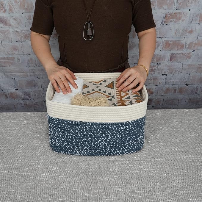 White and Blue Cotton Rope storage Basket Bins Woven Basket for Organizing Shelves 14.5X9.5X9.3“ Rectangle Decorative Baskets For storage Books Towels Wicker Nursery basket organizer Set of 3-Ruum Studio Home