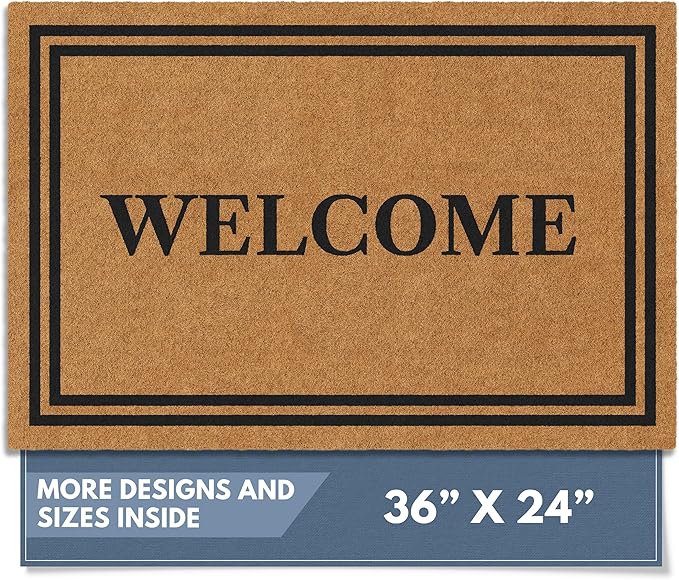 Barnyard Designs Natural Coco Coir Heavy Duty Backing Doormat - Large Cute Non-Slip Front Door Welcome Mat for Outside Entrance or Porch Entry, Brown (24x36, Welcome)-Ruum Studio Home