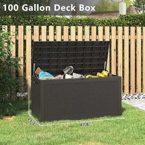 100 Gallon Deck Box Lockable Resin Outdoor Storage Box waterproof Outdoor Container for Patio Furniture Cushions, Pillow-Ruum Studio Home
