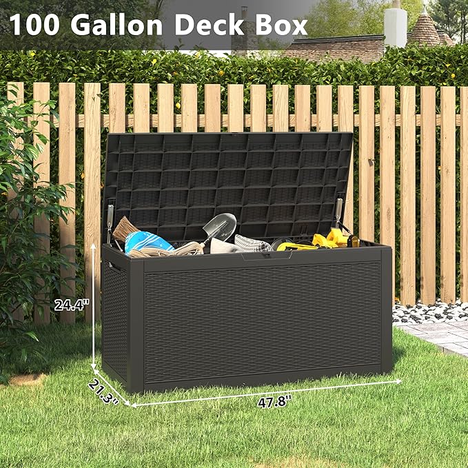 100 Gallon Deck Box Lockable Rattan Outdoor Storage Box waterproof Outdoor Container for Patio Furniture Cushions, Pillow-Ruum Studio Home