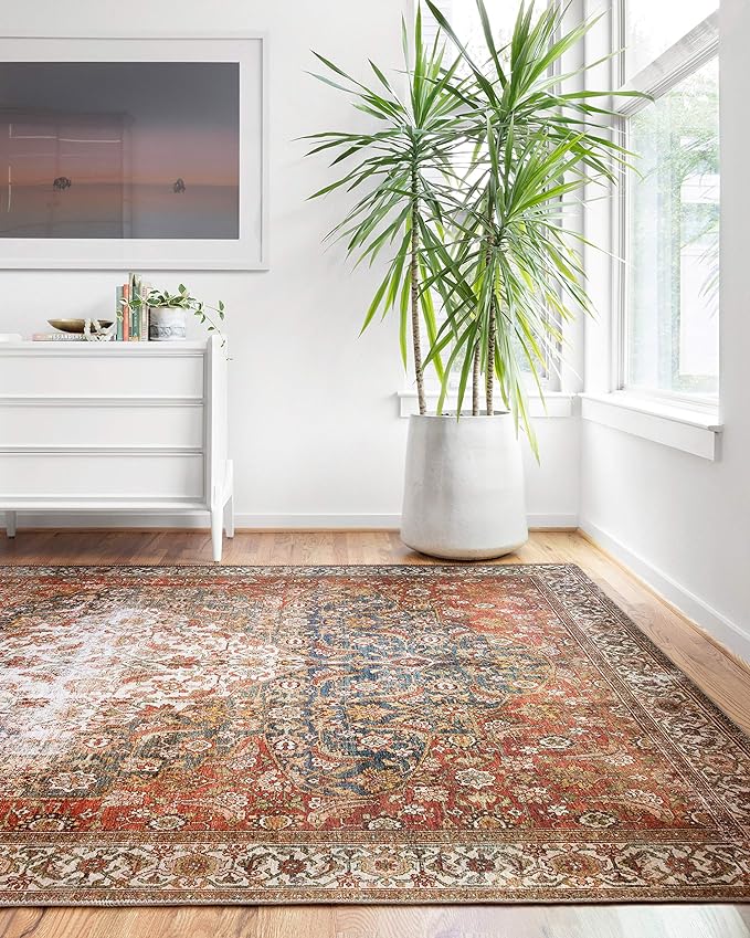 Loloi Layla Collection LAY-05 Ocean/Multi 3'-6" x 5'-6" .13" Thick Accent Rug, Soft, Durable, Vintage Inspired, Distressed, Low Pile, Non-Shedding, Easy Clean, Printed, Living Room Rug-Ruum Studio Home
