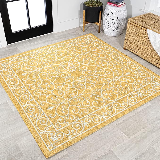 JONATHAN Y Vintage Filigree Indoor Outdoor Square Area Rug 5X5 Yellow/Cream, Charleston Textured Weave for Backyard, Patio, Porch, Easy-Cleaning, High Traffic, Pet-Friendly, Non-Shedding SMB106L-5SQ-Ruum Studio Home