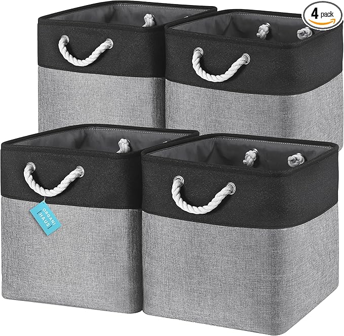 OrganiHaus 13x13 Cube Storage Bins 4 Pack, Foldable Cube Storage Organizer w/ Rope Handles, Collapsible Fabric Bins for Toys, Clothes & Closet Organization, Fabric Square Baskets - Gray/Black-Ruum Studio Home