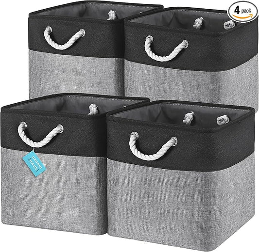 OrganiHaus 13x13 Cube Storage Bins 4 Pack, Foldable Cube Storage Organizer w/ Rope Handles, Collapsible Fabric Bins for Toys, Clothes & Closet Organization, Fabric Square Baskets - Gray/Black-Ruum Studio Home