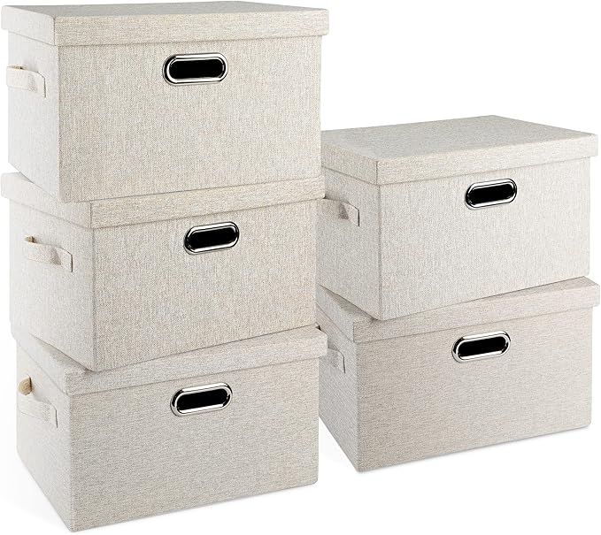 Medium 15" 21 Quart Collapsible Stackable Storage Bins with Lids, 5 Packs Beige Foldable Fabric Closet Boxes Heavy-duty Lidded Linen Cube Baskets Container Organizers and Storage-Ruum Studio Home