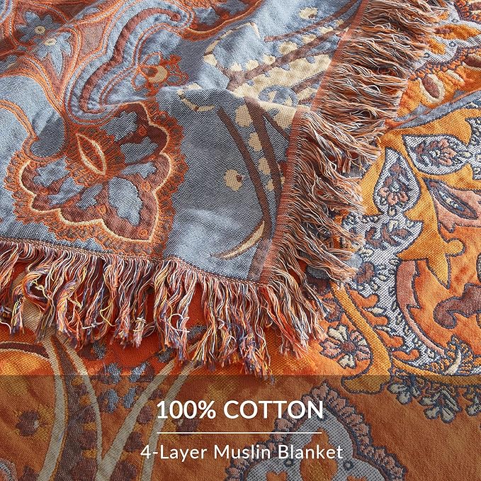 Boho Throw Blanket for Couch Sofa Bed, 100% Cotton Woven Quilt with Tassel 60”x80”, Super Soft Muslin Blanket with Oriental Universe Printed, Decorative Reversible Bed Blanket/Cover for All Seasons-Ruum Studio Home