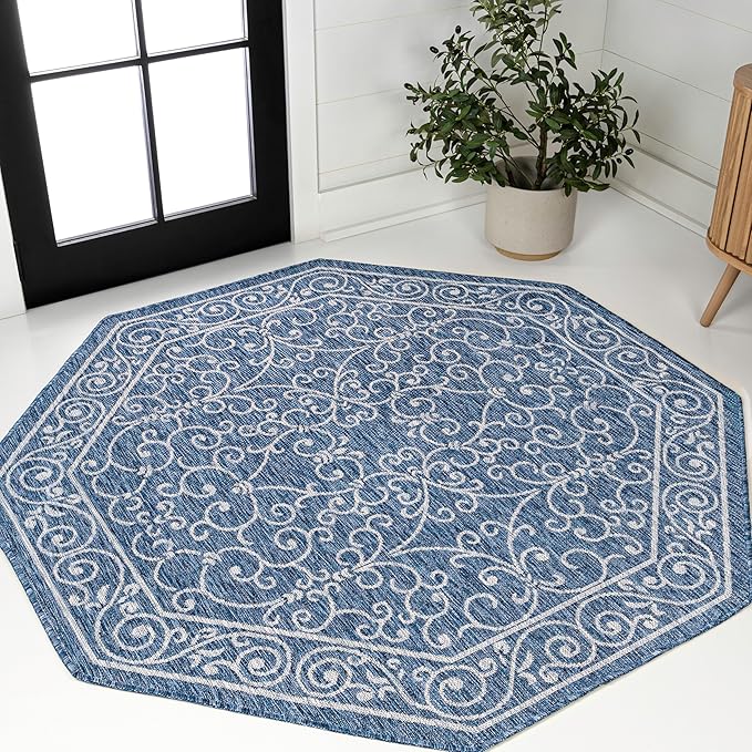 JONATHAN Y Vintage Filigree Indoor Outdoor Octagon Area Rug 5 Ft Navy/Gray, Charleston Textured Weave for Backyard, Patio, Porch, Easy-Cleaning, High Traffic, Pet-Friendly, Non-Shedding SMB106D-5TGN-Ruum Studio Home