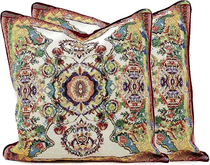 Tache Rococo Elegant Ornate Ivory Colorful Paisley Cotton Linen 18x18 Tapestry Woven Cushion Throw Pillow Cover 2 Pieces-Ruum Studio Home
