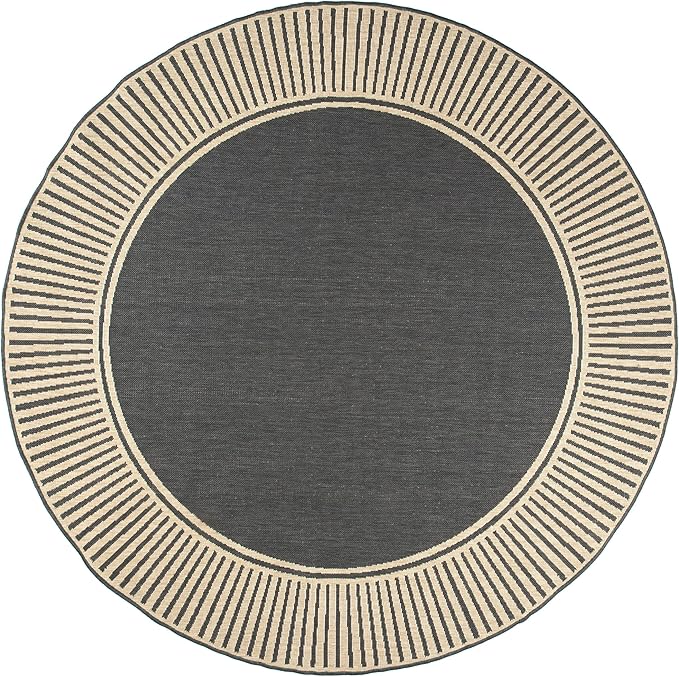 nuLOOM 6'7" Round Outdoor Area Rug, Casual Design With Striped Border, Stain Resistant, Highly Durable, For Patio, Balcony, Bedroom, Living Room, Dining Room, Bathroom, Dark Grey-Ruum Studio Home