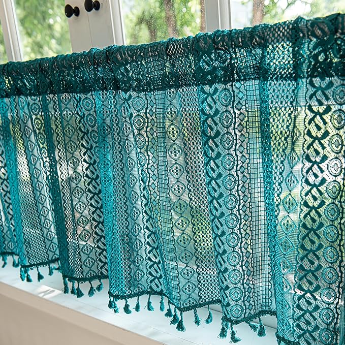 Sutuo Home Boho Valance Tier Curtains Crochet Lace Sheer Bohemian Hollow Knitted with Tassels, Privacy Vintage Rustic Farmhouse Drapes for Kitchen, Rod Pocket 1 Panel 59" W x 36" L, Turquoise-Ruum Studio Home