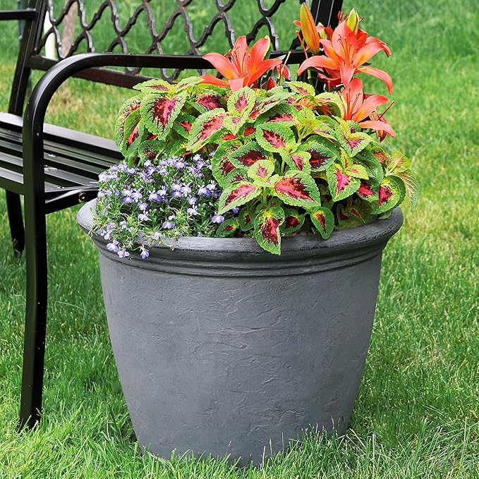 Sunnydaze 20-Inch Anjelica Large Plastic Pot for Plants - Outdoor Polyresin Round Planter with Drillable Drainage Holes - Slate - 4pk-Ruum Studio Home