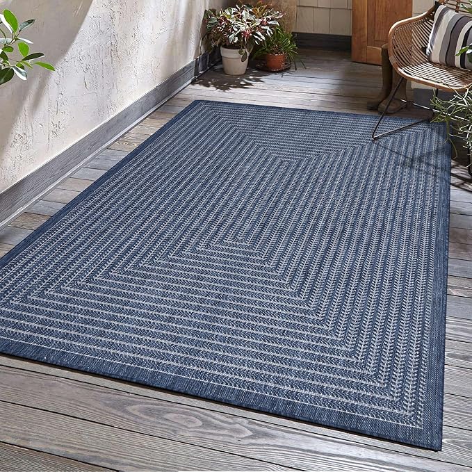 Adiva Rugs Outdoor Indoor Area Rug, Weather Resistant, Easy to Clean, Stain Resistant Floor Mat for Dining Room, Backyard, Deck, Patio (Navy Weiss, 8' x 10')-Ruum Studio Home