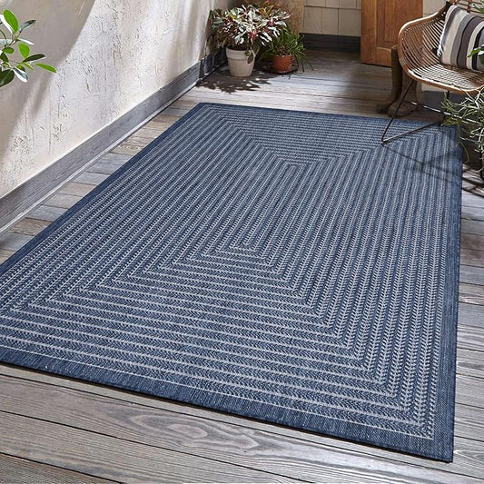 Adiva Rugs Outdoor Indoor Area Rug, Weather Resistant, Easy to Clean, Stain Resistant Floor Mat for Dining Room, Backyard, Deck, Patio (Navy Weiss, 8' x 10')-Ruum Studio Home