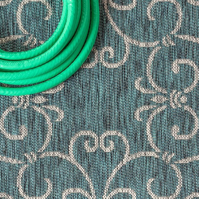 JONATHAN Y Vintage Filigree Indoor Outdoor Square Area Rug 5X5 Teal/Gray, Charleston Textured Weave for Backyard, Patio, Porch, Easy-Cleaning, High Traffic, Pet-Friendly, Non-Shedding (SMB106F-5SQ)-Ruum Studio Home