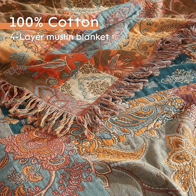 Boho Throw Blanket for Bed 60”x80”, 100% Cotton Woven Blanket for Couch Sofa, Ultra Soft 4-Layer Muslin Quilt with Patchwork Floral Printed, Farmhouse Bed Blanket/Cover for Living Room Decor-Ruum Studio Home