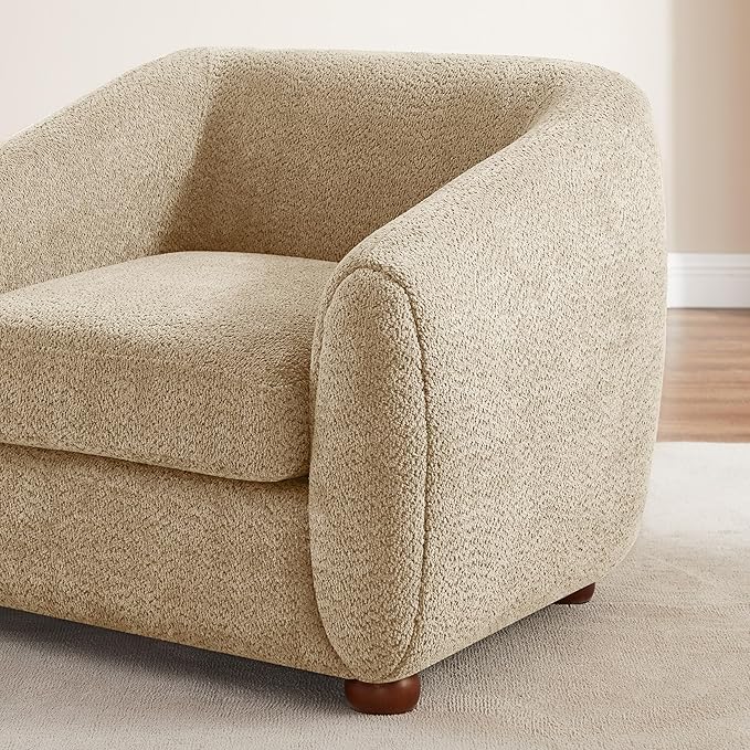 Modern Accent Chair for Living Room, Upholstered Armchair with Linen Fabric, Single Sofa Chair with Solid Wood Legs, Boucle, Camel-Ruum Studio Home