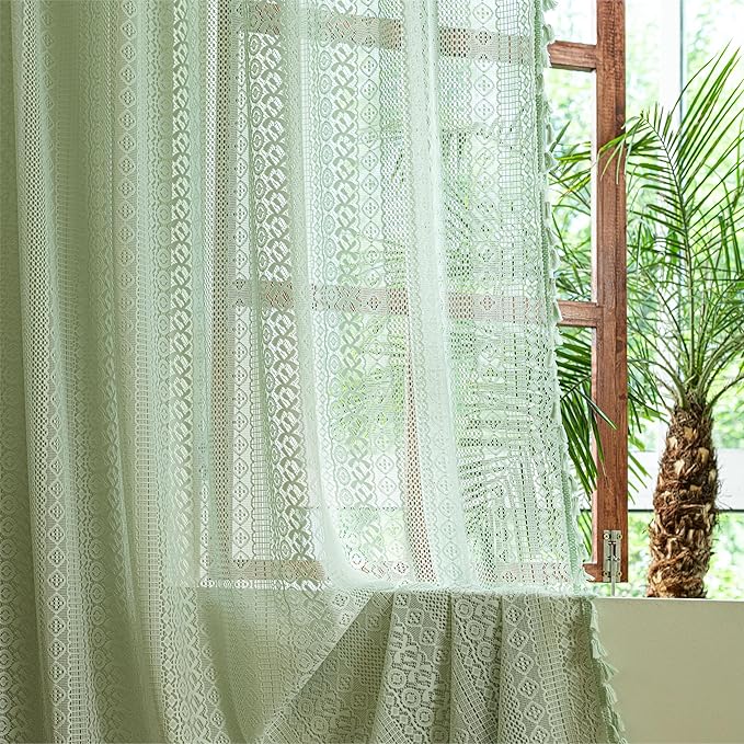 Sutuo Home Boho Sheer Curtains for Kitchen Kid's Room,Crochet Lace Bohemian Hollow Knitted Handmade Tassels Window Treatment Vintage Chic Rod Pocket Farmhouse Drapes, 1 Panel 59" W x 63" L, Mint Green-Ruum Studio Home