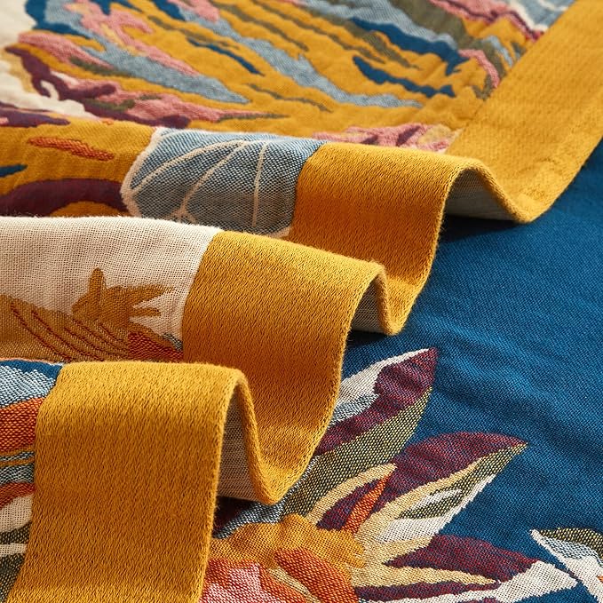 Boho Throw Blanket for Bed 60”x80”, 100% Cotton Woven Blanket for Couch Sofa, Ultra Soft 4-Layer Muslin Quilt with Floral Printed, Farmhouse Bed Blanket/Cover for Living Room Decor-Ruum Studio Home