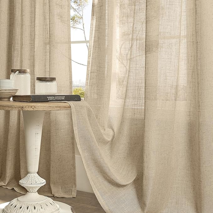 LAMIT Linen Blended Window Curtains 63 inch Length for Bedroom, Soft Semi Sheer Light Filtering Burlap Curtain Panles with Bronze Grommet Drapes for Living Room, 2 Panels Set, 52 x 63 Inch, Brown-Ruum Studio Home