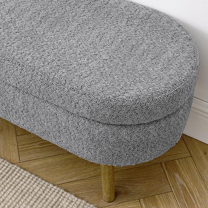 Oval Storage Bench 43.5" Linen Fabric Upholstered Entryway Bench with Solid Wood Legs Ottoman Bench Indoor Bench for Living Room/Bedroom/End of Bed/Entryway (New Grey)-Ruum Studio Home