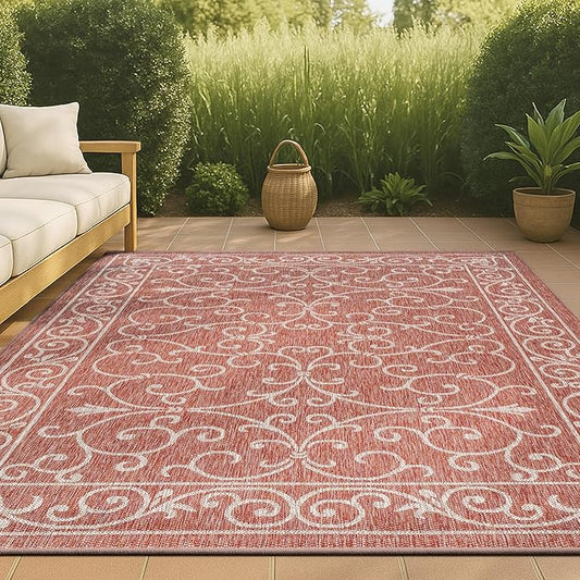 JONATHAN Y Vintage Filigree Indoor Outdoor Area Rug 8X10 Red/Beige, Charleston Textured Weave for Backyard, Patio, Porch, Easy-Cleaning, High Traffic, Pet-Friendly, Non-Shedding (SMB106B-8)-Ruum Studio Home