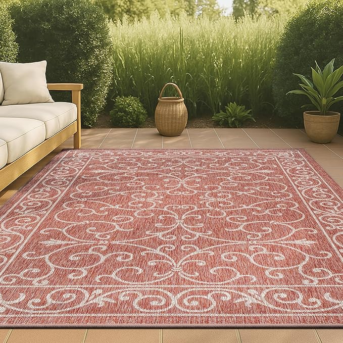 JONATHAN Y Vintage Filigree Indoor Outdoor Area Rug 4X6 Red/Beige, Charleston Textured Weave for Backyard, Patio, Porch, Easy-Cleaning, High Traffic, Pet-Friendly, Non-Shedding (SMB106B-4)-Ruum Studio Home