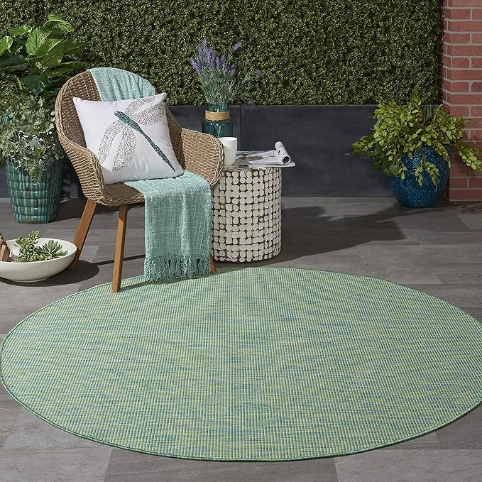 Nourison Positano Indoor/Outdoor Blue/Green 6' x Round Area Rug, Easy Cleaning, Non Shedding, Bed Room, Living Room, Dining Room, Backyard, Deck, Patio (6 Round)-Ruum Studio Home