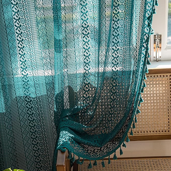 Sutuo Home Boho Curtains 96 inches Long for Bedroom Living Room Nursery Room, Crochet Lace Sheer Bohemian Hollow with Tassels,Window Treatment Drapes, Rod Pocket 1 Panel 59" W x 96" L, Turquoise-Ruum Studio Home