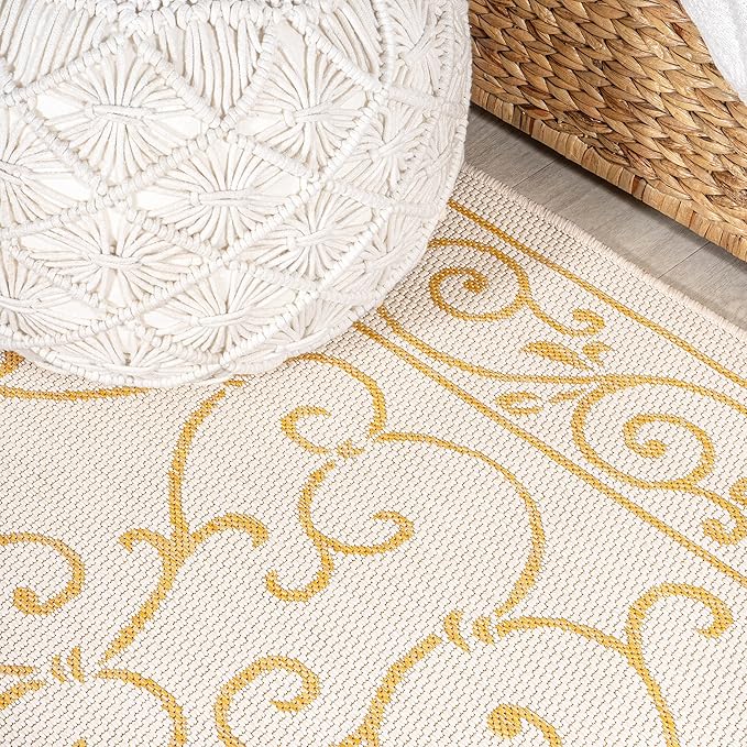 JONATHAN Y Vintage Filigree Indoor Outdoor Round Area Rug 5 Ft Cream/Yellow, Charleston Textured Weave for Backyard, Patio, Porch, Easy-Cleaning, High Traffic, Pet-Friendly, Non-Shedding (SMB106M-5R)-Ruum Studio Home
