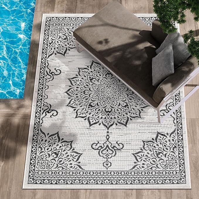 CAMILSON Outdoor Rug, 8x10 Medallion White Black Modern Area Rugs for Indoor and Outdoor Patios, Kitchen and Hallway Mats, Washable Porch Deck Outside Carpet (Medallion White, 8 x 10)-Ruum Studio Home