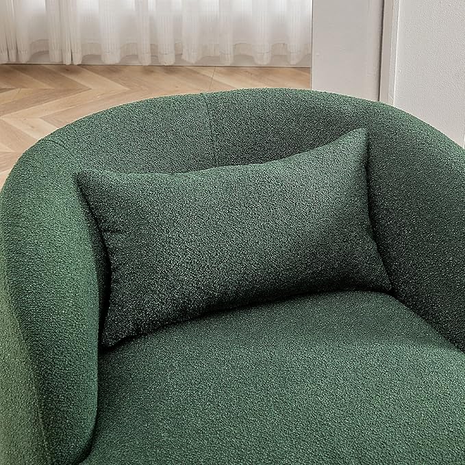 KINWELL 34" Wide Boucle Swivel Barrel Chair, No Assembly Round Upholstered Armchair Accent Chair Single Sofa Chair with Toss Pillow for Living Room and Bedroom, Green-Ruum Studio Home