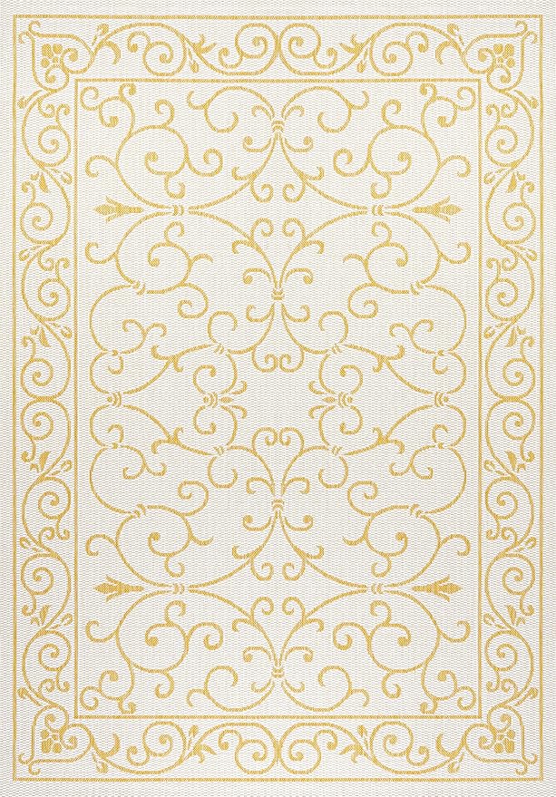 JONATHAN Y Vintage Filigree Indoor Outdoor Area Rug 4X6 Cream/Yellow, Charleston Textured Weave for Backyard, Patio, Porch, Easy-Cleaning, High Traffic, Pet-Friendly, Non-Shedding (SMB106M-4)-Ruum Studio Home