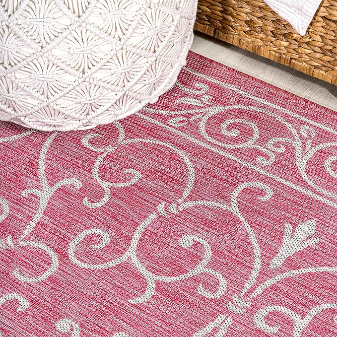 JONATHAN Y Vintage Filigree Indoor Outdoor Square Area Rug 5X5 Fuchsia/Light Gray, Charleston Textured Weave for Backyard, Patio, Porch, Easy-Cleaning, Pet-Friendly, Non-Shedding (SMB106J-5SQ)-Ruum Studio Home