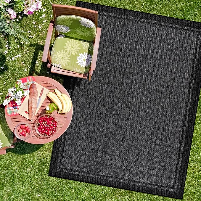 CAMILSON Indoor Outdoor Rug, 5x7 Bordered Dark Grey Black Modern Area Rugs for Indoor and Outdoor Patios, Kitchen and Hallway Mats, Washable Porch Deck Outside Carpet (Bordered Black, 5 x 7)-Ruum Studio Home