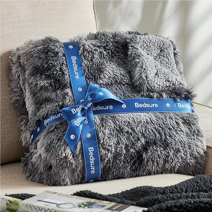 Bedsure GentleSoft Fuzzy Faux Fur Sherpa Fleece Blanket Twin Size, Plush Thick Warm Twin Blanket for Bed, College Dorm Essentials Gifts for Girls Boys, Tie Dye Grey Decor for Winter, 60x80-Ruum Studio Home