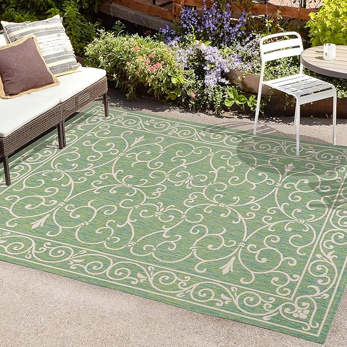 JONATHAN Y Vintage Filigree Indoor Outdoor Area Rug 5X8 Green/Ivory, Charleston Textured Weave for Backyard, Patio, Porch, Easy-Cleaning, High Traffic, Pet-Friendly, Non-Shedding (SMB106K-5)-Ruum Studio Home