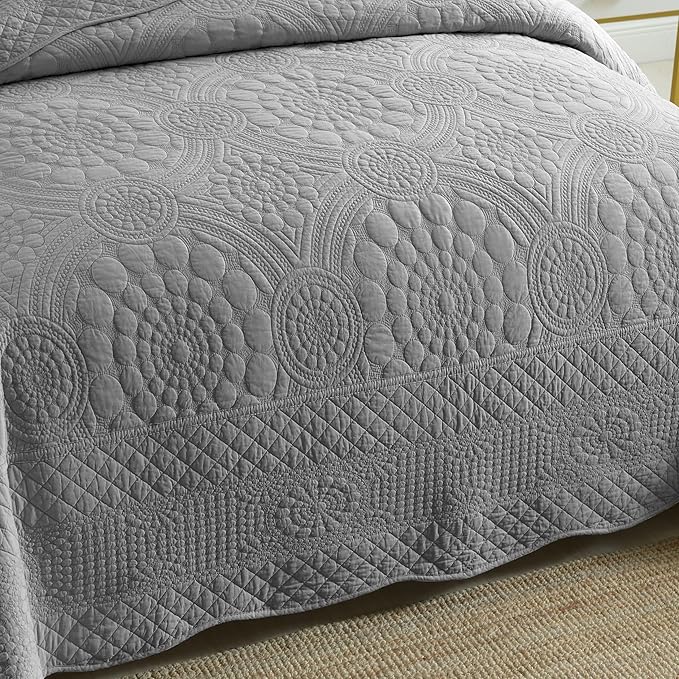 MarCielo 3-Piece 100% Cotton Oversized Bedspread Lightweight Quilt Coverlet Embroidery Farmhouse Bedding Set (Tf Light Grey, Oversized Queen (100"x106"))-Ruum Studio Home