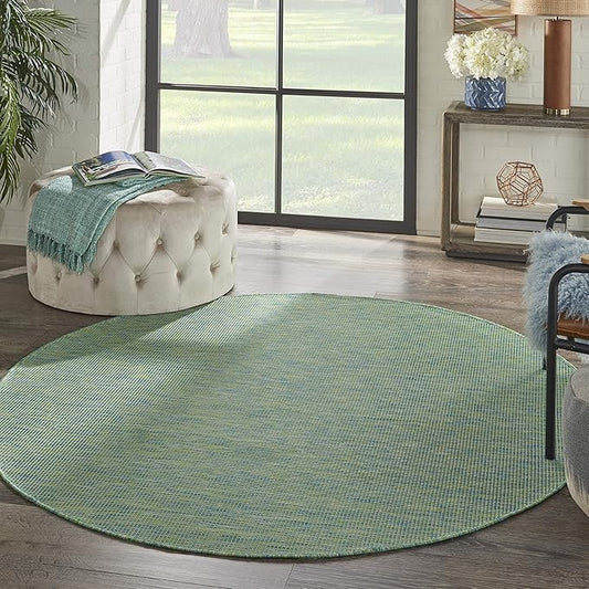 Nourison Positano Indoor/Outdoor Blue/Green 6' x Round Area Rug, Easy Cleaning, Non Shedding, Bed Room, Living Room, Dining Room, Backyard, Deck, Patio (6 Round)-Ruum Studio Home