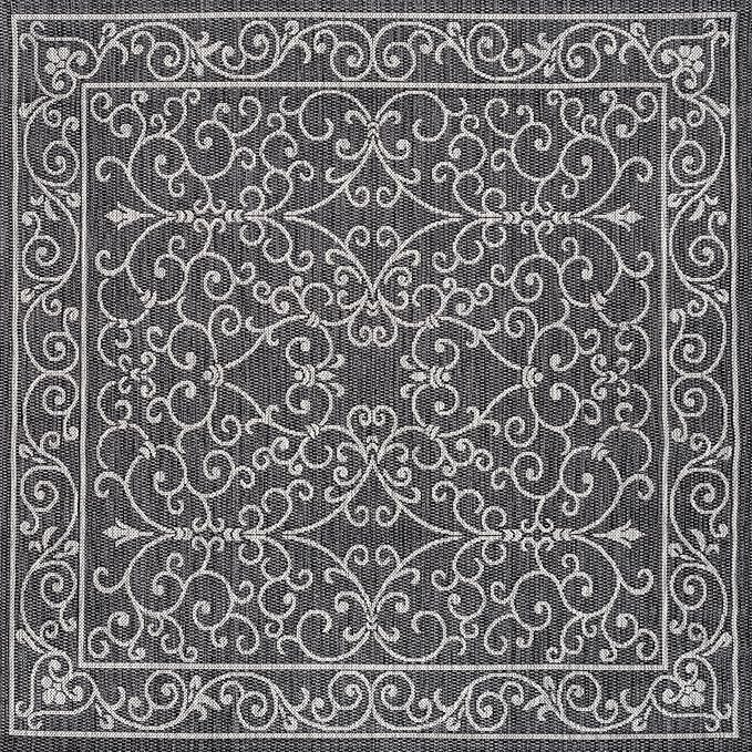 JONATHAN Y Vintage Filigree Indoor Outdoor Square Area Rug 4X4 Black/Gray, Charleston Textured Weave for Backyard, Patio, Porch, Easy-Cleaning, High Traffic, Pet-Friendly, Non-Shedding (SMB106G-4SQ)-Ruum Studio Home