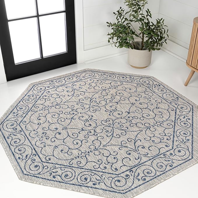 JONATHAN Y Vintage Filigree Indoor Outdoor Octagon Area Rug 8 Ft Gray/Navy, Charleston Textured Weave for Backyard, Patio, Porch, Easy-Cleaning, High Traffic, Pet-Friendly, Non-Shedding SMB106C-8TGN-Ruum Studio Home