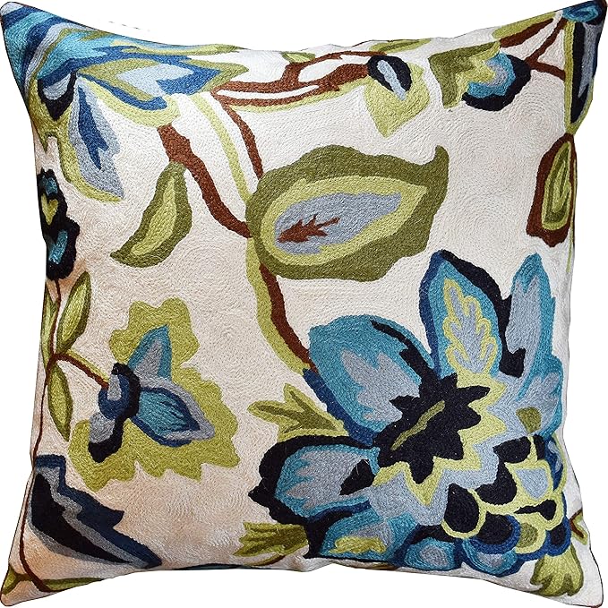 Modern Cream Decorative Floral Pillow Cover Needlepoint White Flower Hand Embroidered Pillowcase Flowery Outdoor Suzani Accent Cushion Boho Chair Modern Chair Pillowsham Wool Size 18x18-Ruum Studio Home